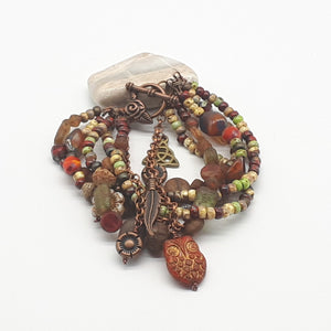 Multi strand earthy tones  Boho charm bracelet with Czech owl bead