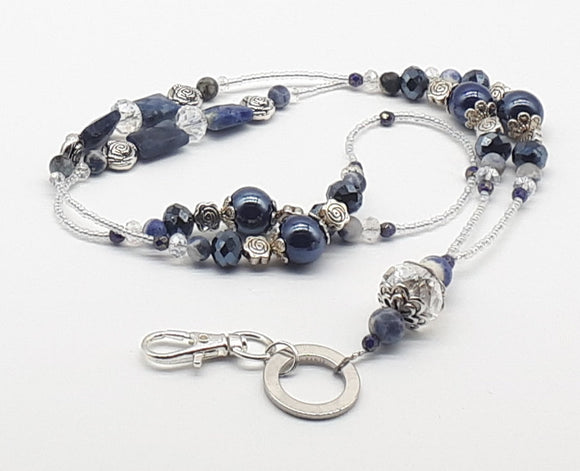 Sodalite and porcelain beads lanyard necklace