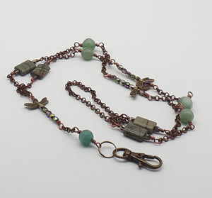 Green dragonflies lanyard necklace with Picasso jasper and some faceted aventurine beads.