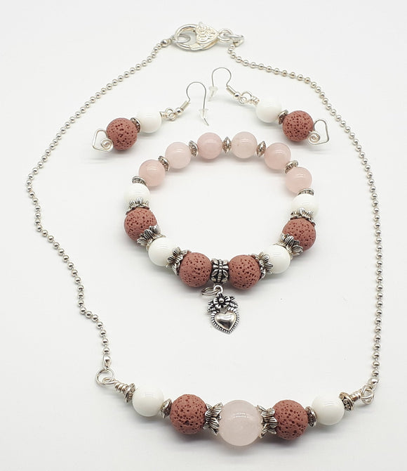 Rose quartz and pink lava beads 3 pieces essential oils diffuser jewelry set