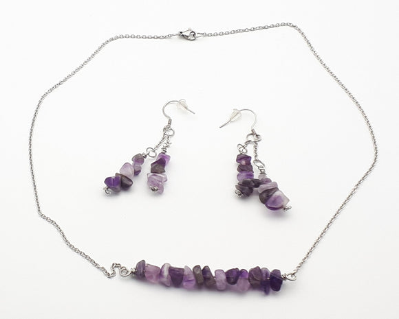 Stainless steel amethyst chips bar necklace and matching earrings.