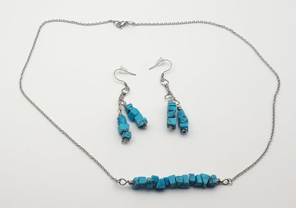 Stainless steel turquoise chips bar necklace and matching earrings.