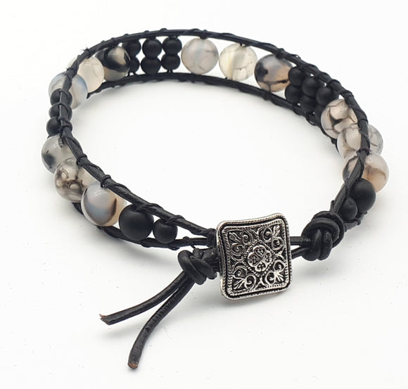 Black and dragon vein agate single leather wrap bracelet.