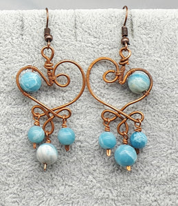 Larimar wire wrapped heart earrings