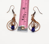 Intertwin copper wire wrapped earrings with cobalt blue small teardrop Czech bead