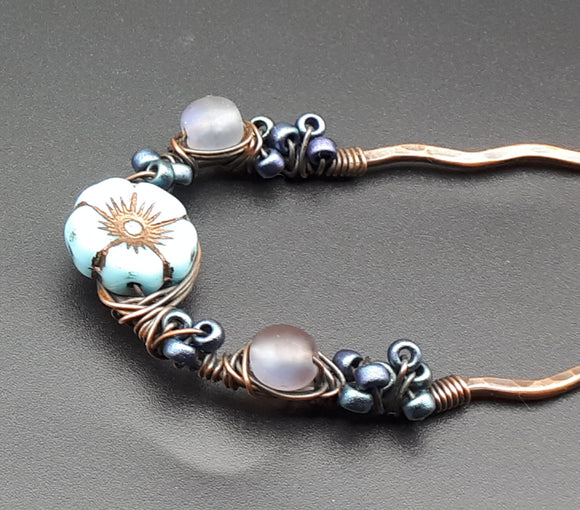 Blue hibiscus copper hair fork