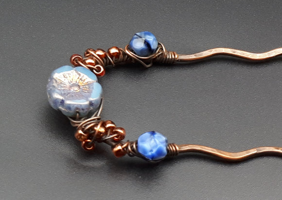 Blue hibiscus copper hair fork