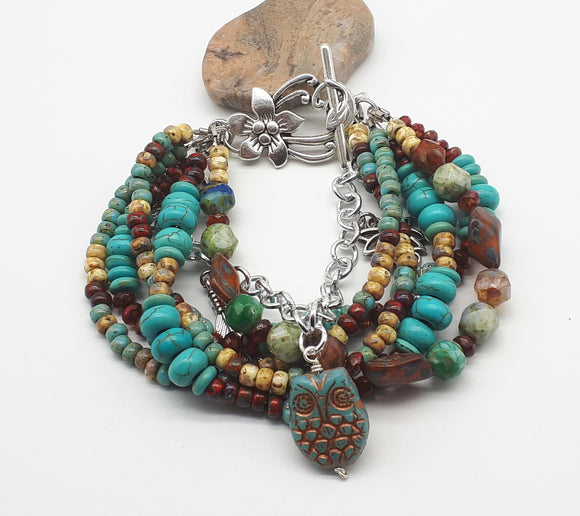 Multi strand turquoise and burgundy Boho charm bracelet with Czech owl bead